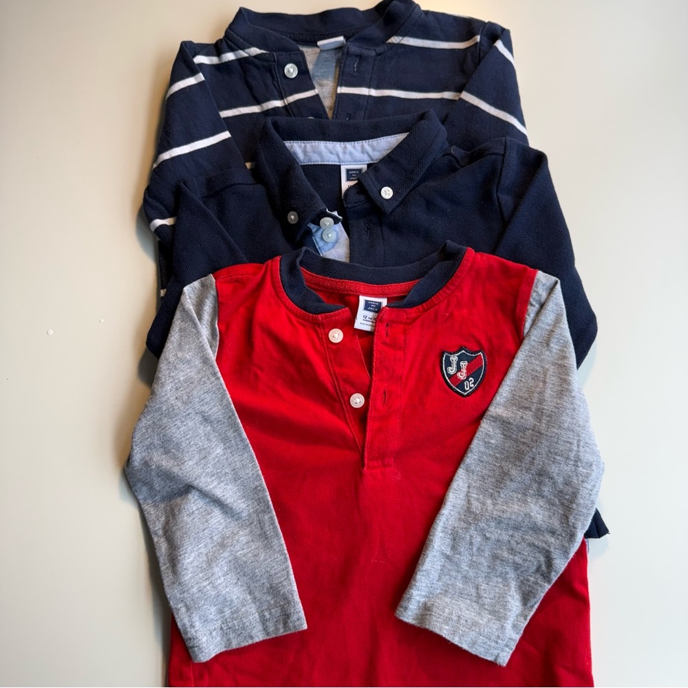 Red/Grey, Solid Blue and Blue/White striped Long Sleeve Janie and Jack Shirts